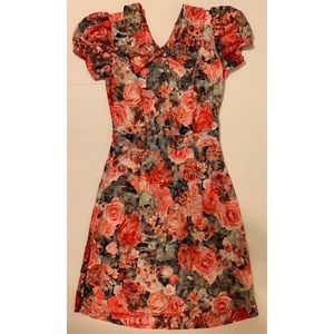 Vintage Style Collar Puff-Sleeves Roses Dress